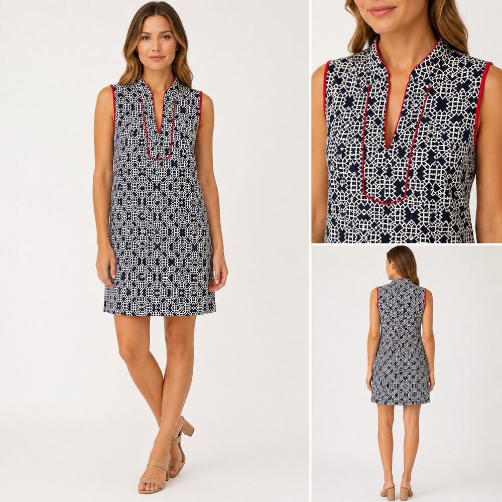 Eliza J Women’s 14 Sleeveless Geometric‎ Shift Dress Navy/Ivory/Red Trim